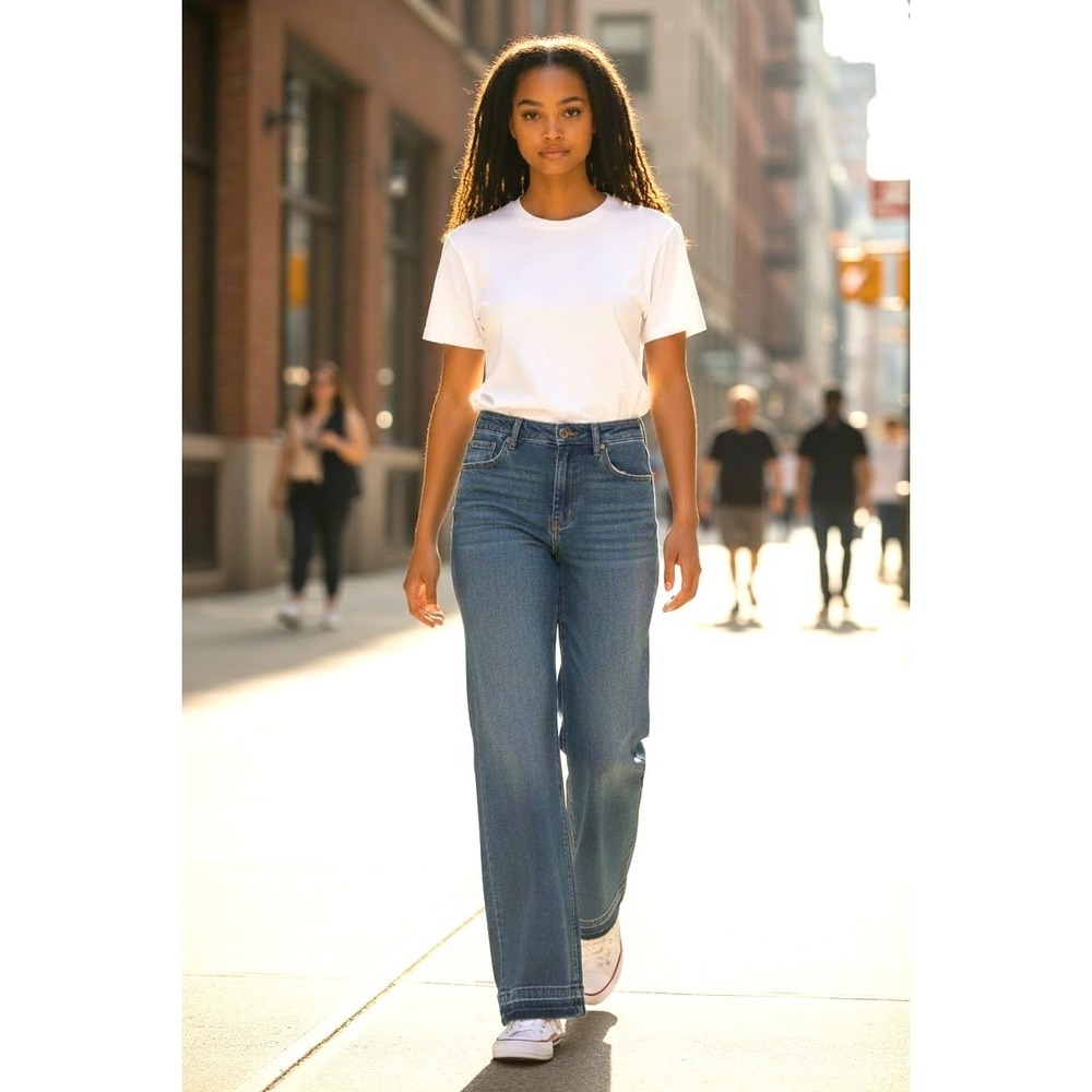 (H-240)La Joie Wide Leg Jeans Womens Size 4 Blue High Rise Stretch NWT QVC Denim